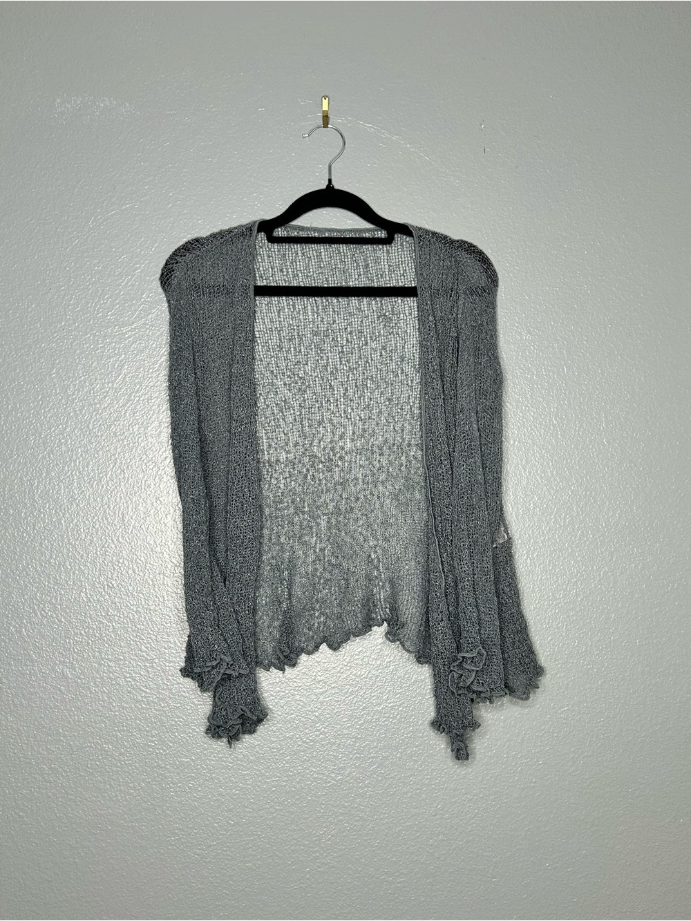 Gray Sheer Open-Front Ruffled Hem whimsigoth witchy Cardigan Shrug - Picture 4 of 11
